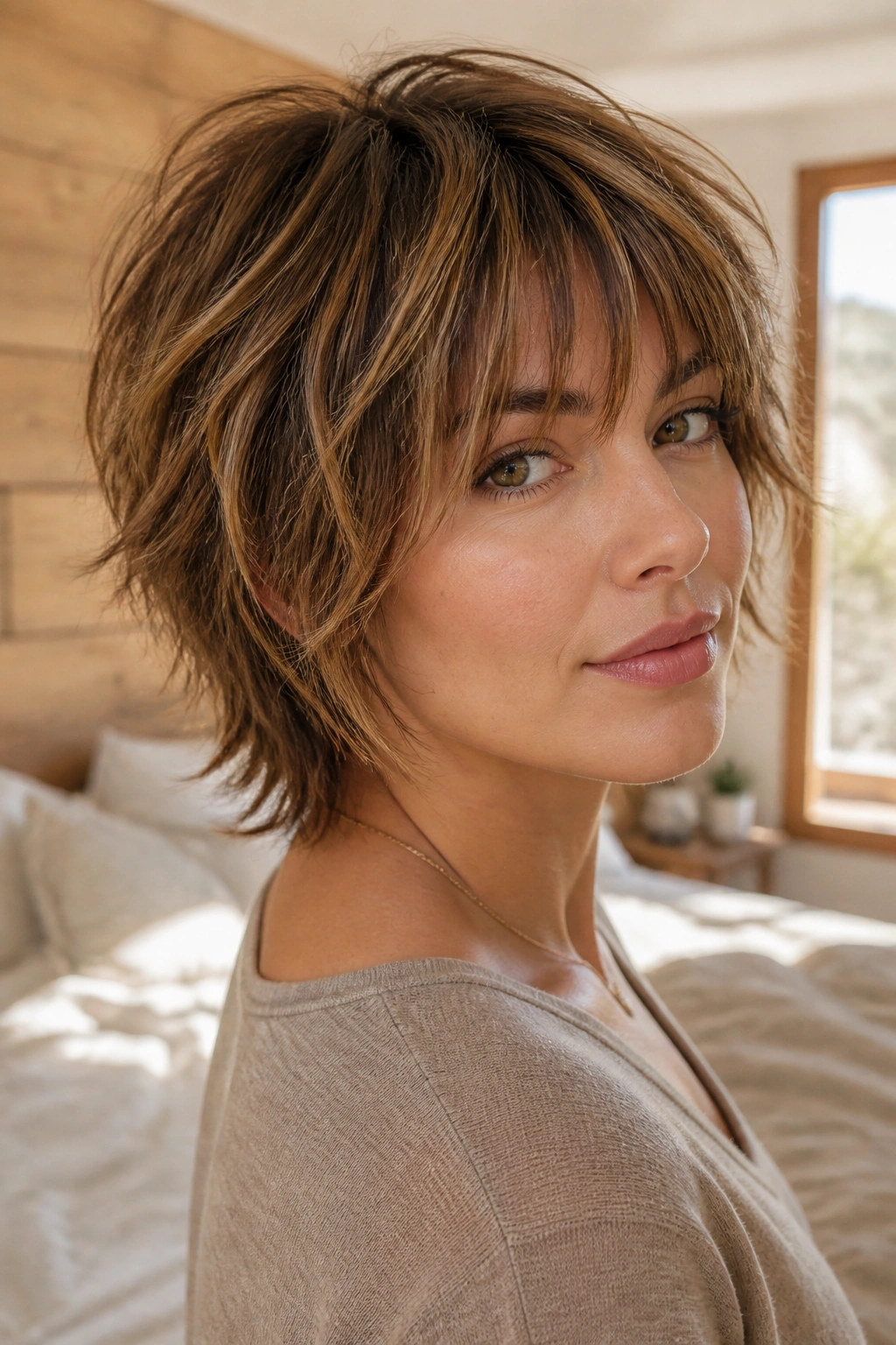 Close-up of a real woman with caramel ribbon shag in warm window light