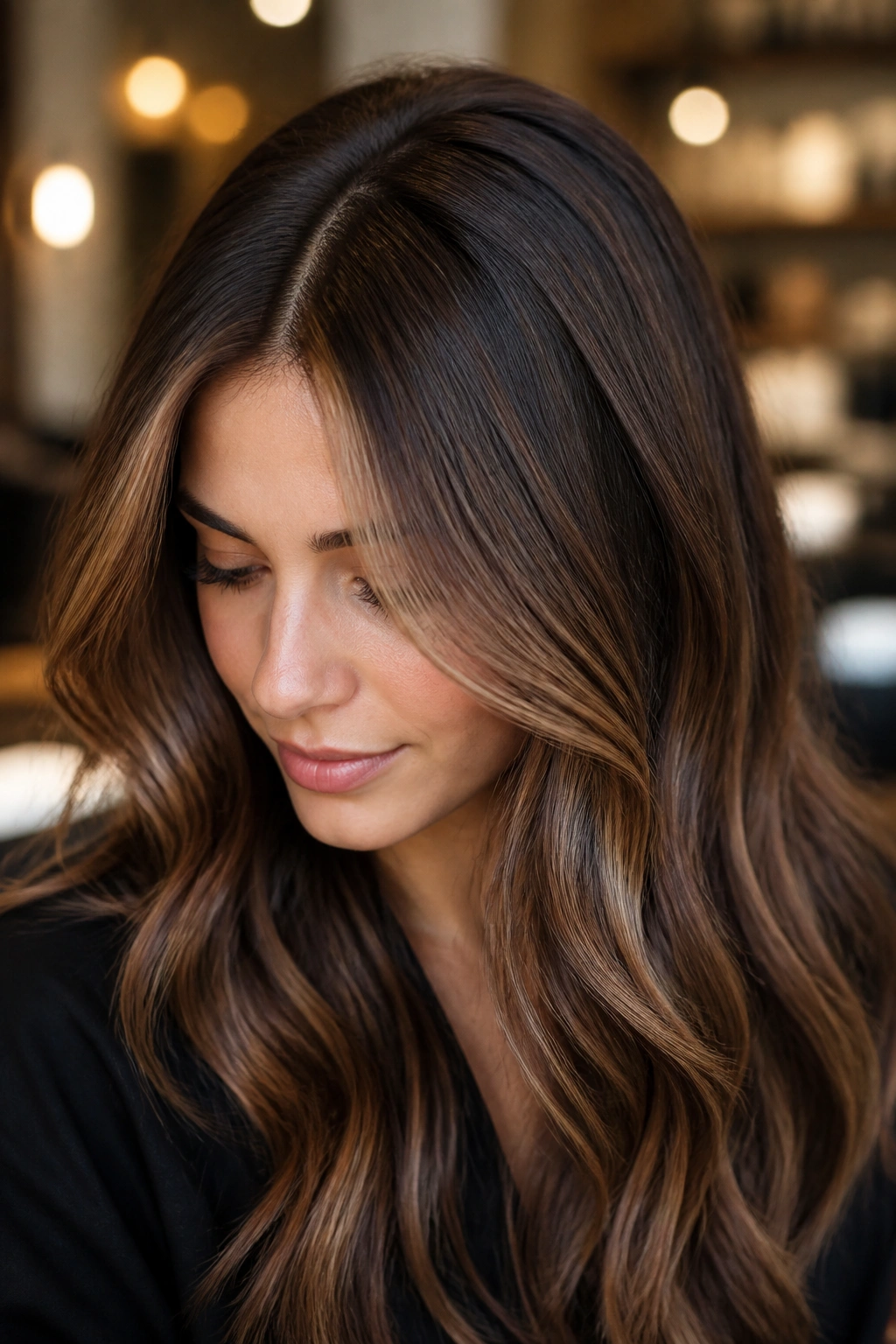 Close-up of brunette with neutral caramel root smudge in warm salon light