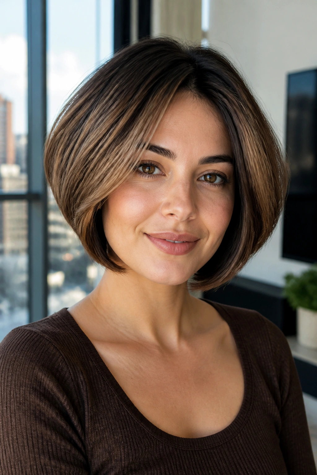 Portrait of a real woman with caramel-dusted rounded bob and caramel highlights.