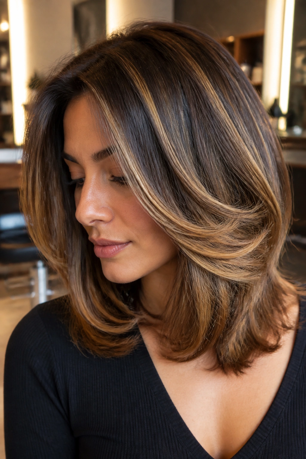 Close-up of a woman with shoulder-length hair and wide caramel streaks in a warm salon setting