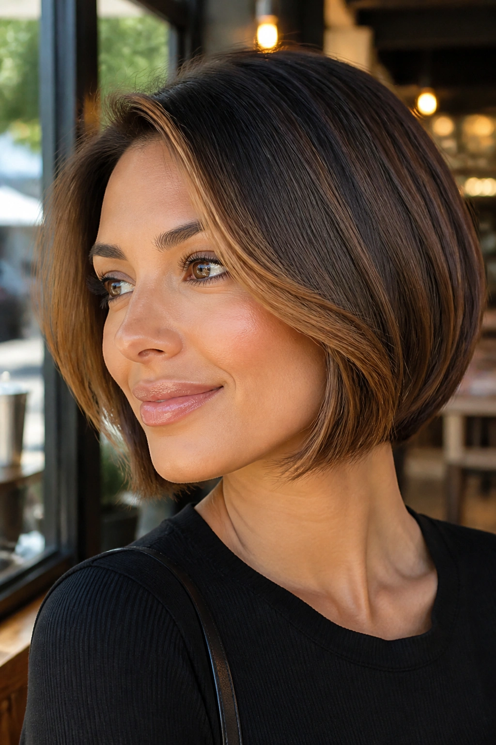 Close-up of a real woman with a caramel-swept short bob in warm light