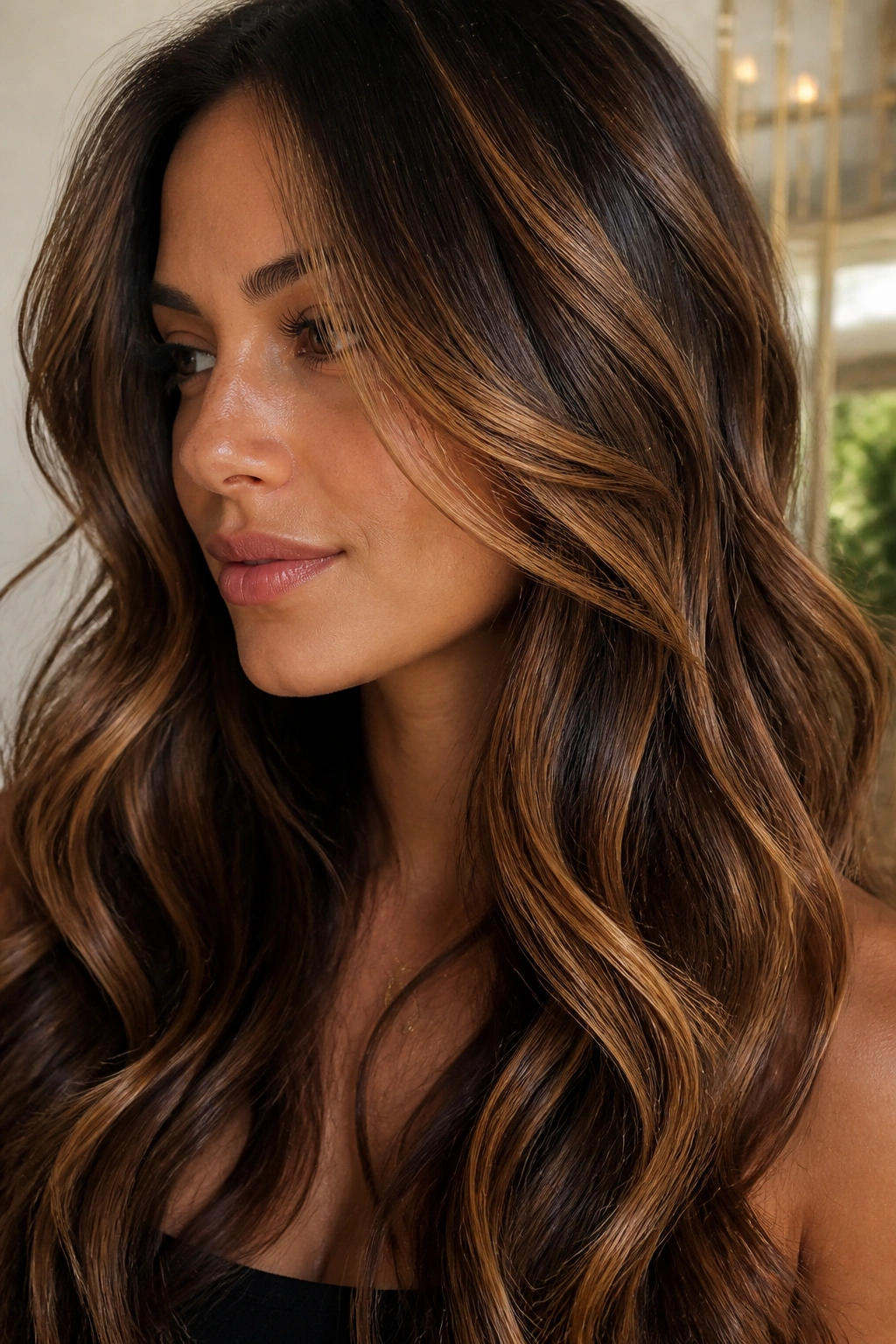 Close-up of a real woman with caramel tiger-eye highlights in long waves