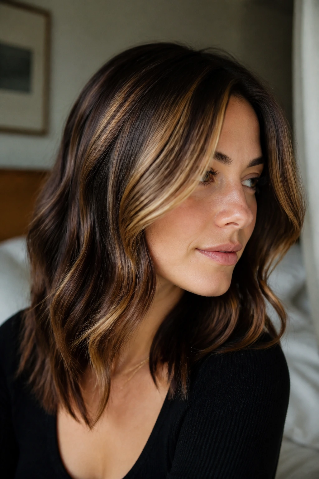 Close-up of real woman's hair showing caramel highlights on the top layers only