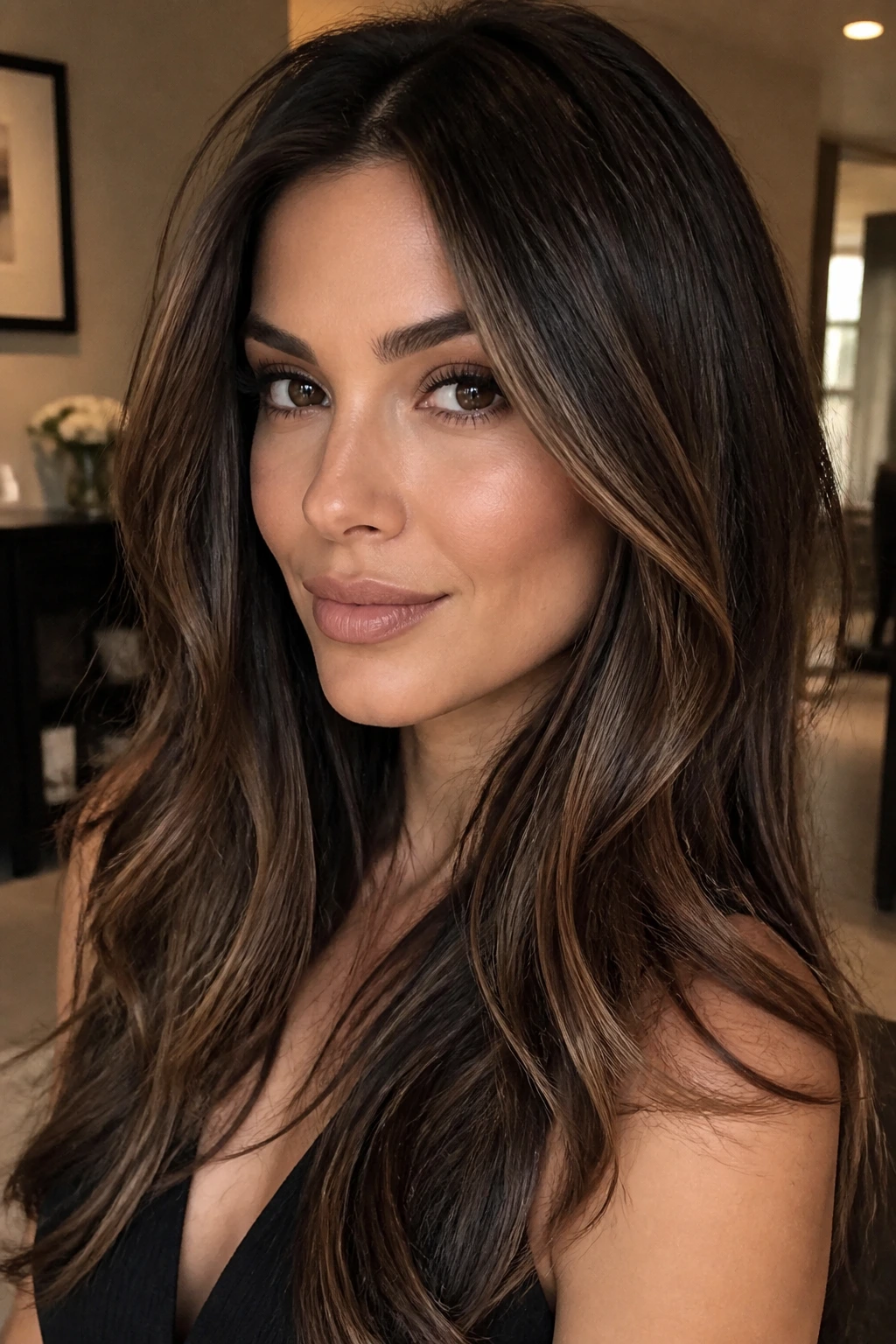 Close-up of a woman with carob brunette and contour highlights shaping the face