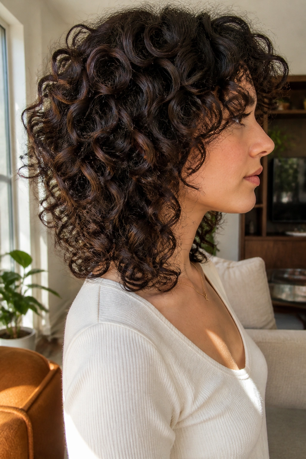 Side-profile of a real woman showing carved-out interior layers in thick curls