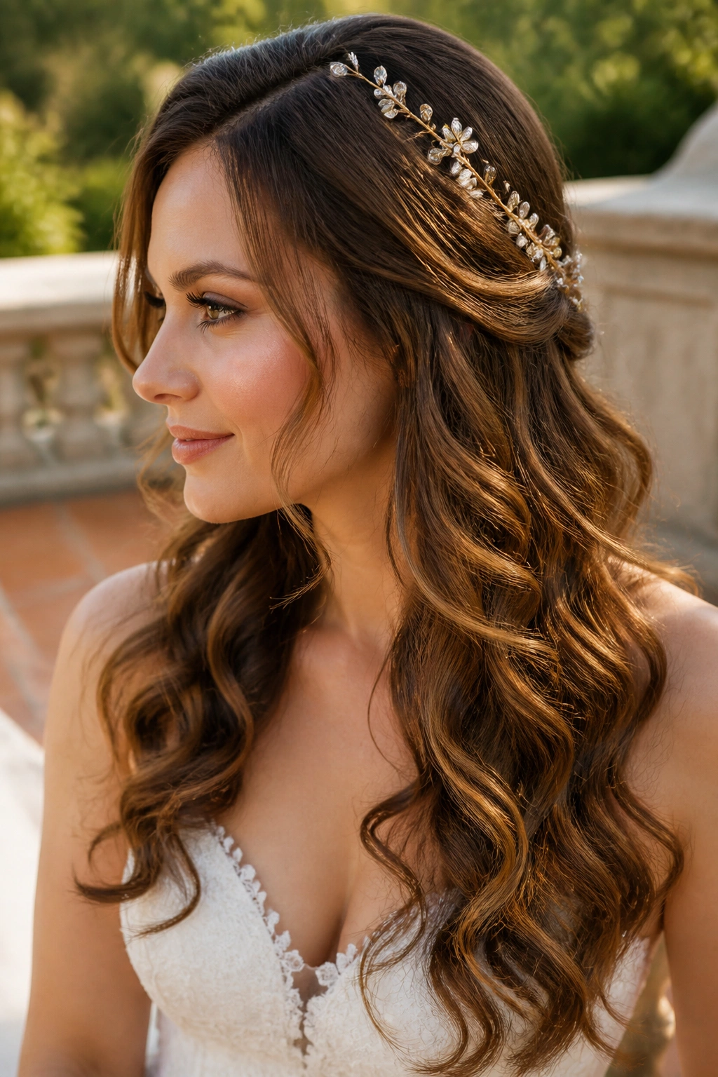 Close-up of a real bride with cascading curls and a hair vine