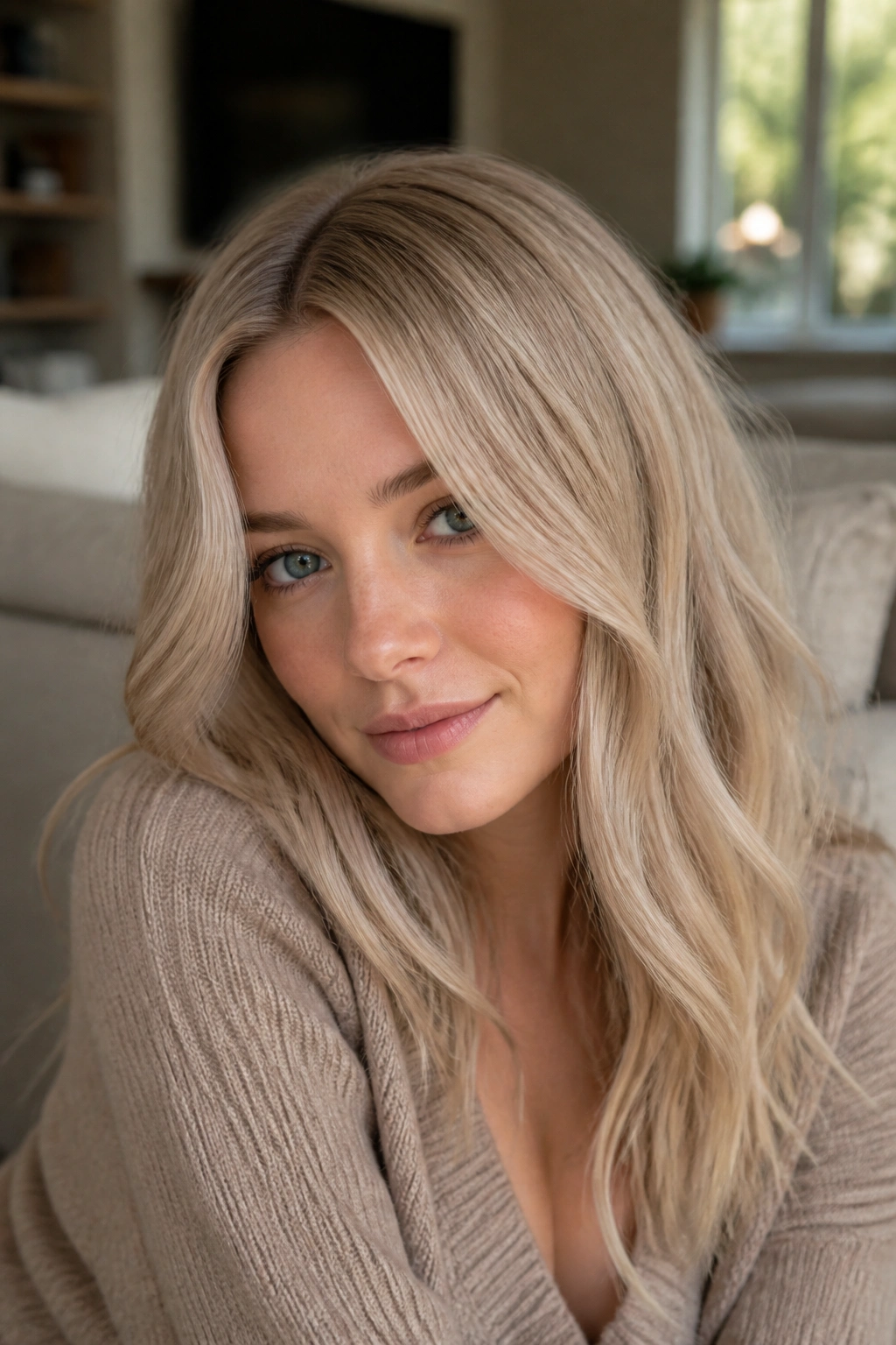 Close-up portrait of a real woman with cashmere blonde hair in warm beige-pearl tones