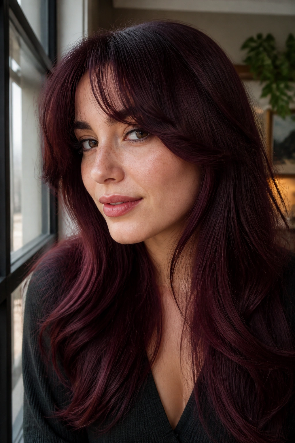 Portrait of a woman with cassis curtain bangs