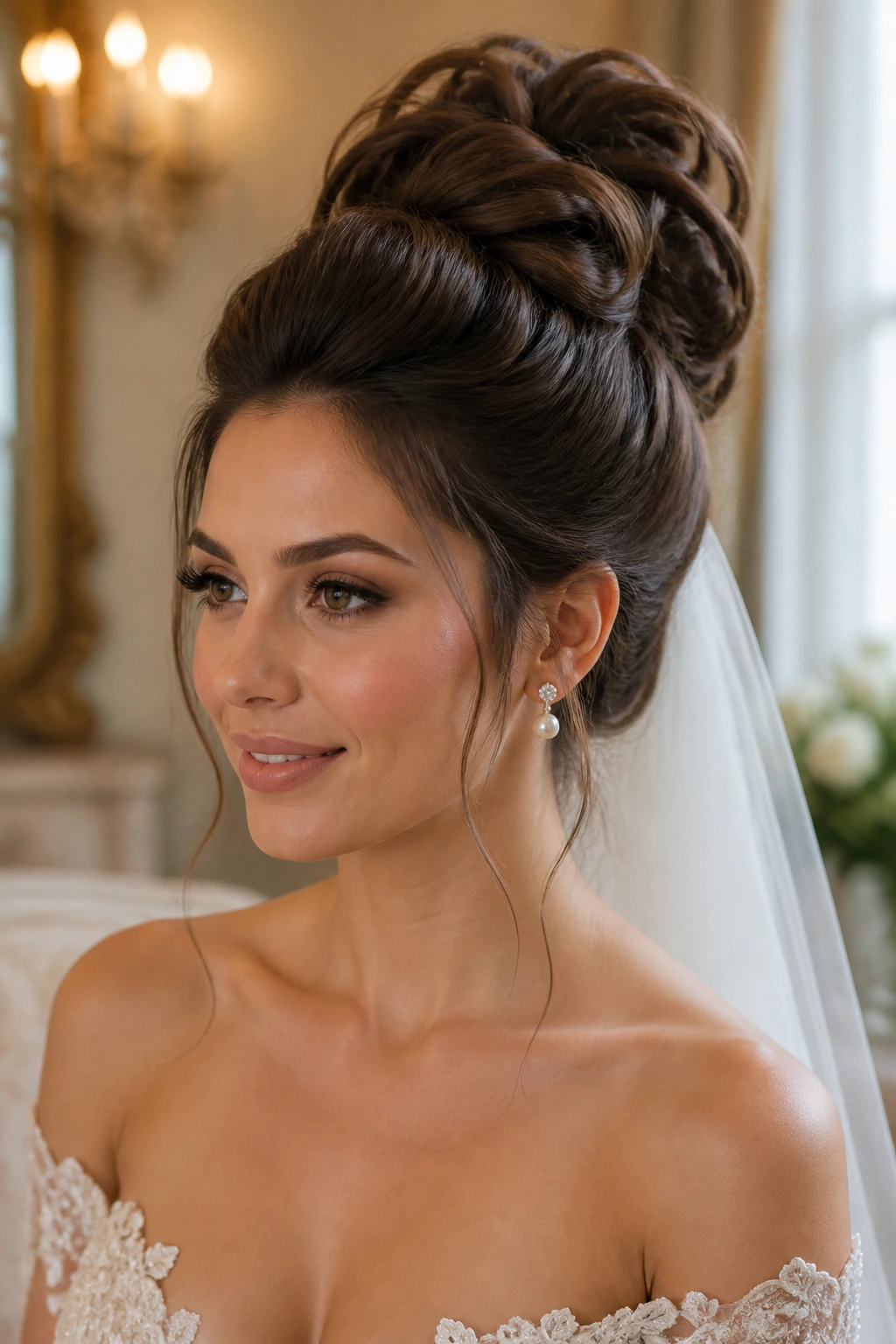 Close-up of a real bride wearing a grand cathedral updo with graceful height