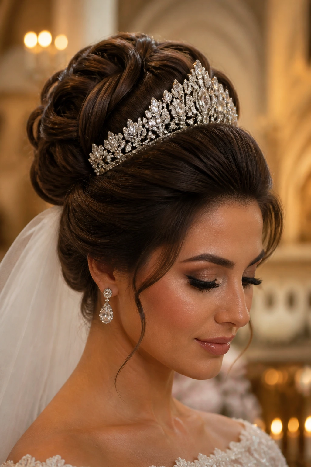 Close-up of a real bride with a cathedral-ready sculpted updo and a heavy tiara in a formal venue