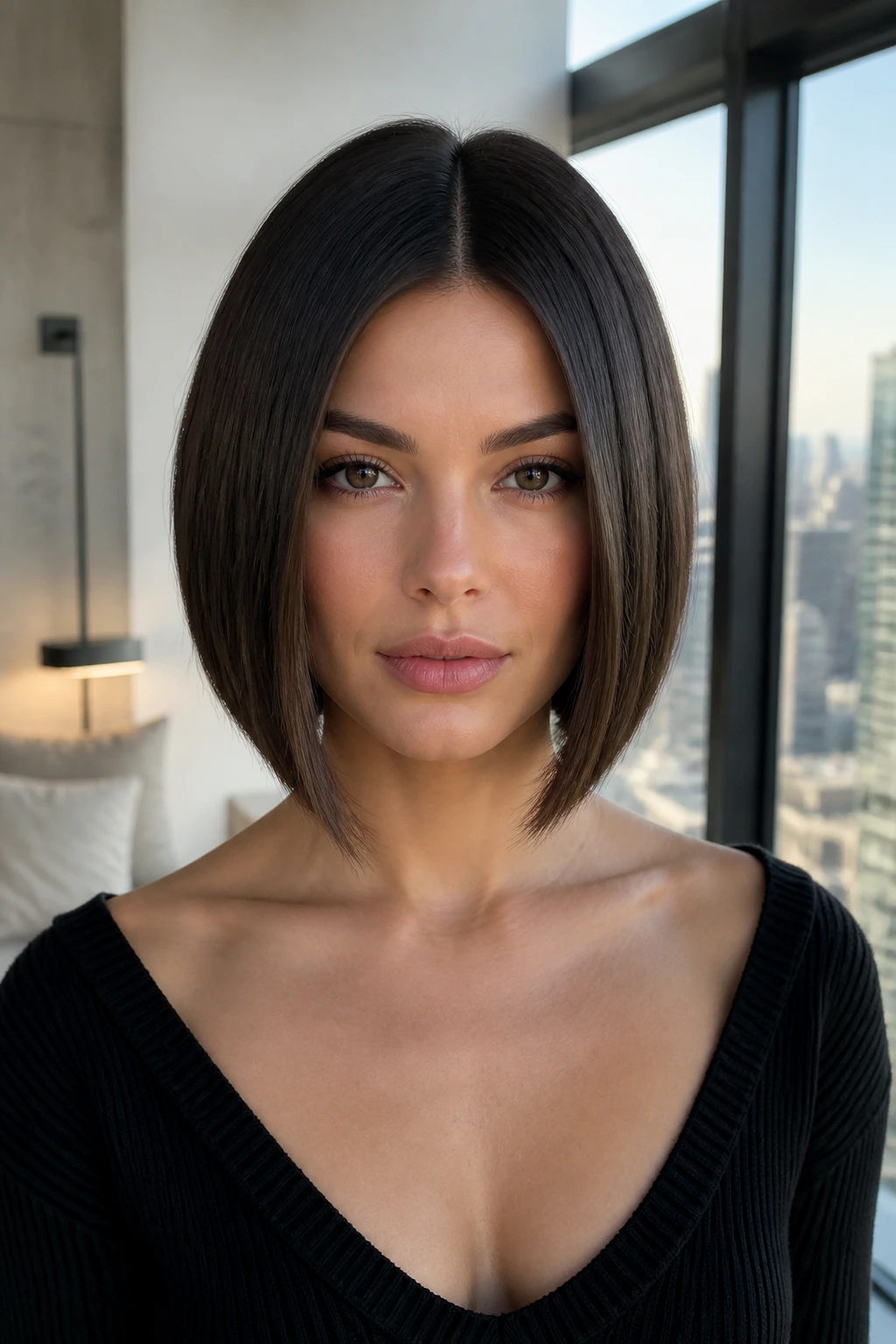 Close-up of a real woman with a centered part angled bob showing symmetry
