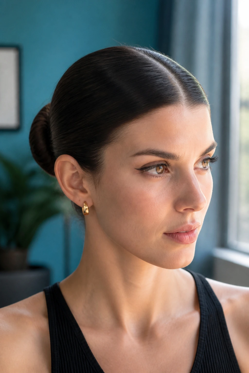 Close-up of a real woman's center-part ballet bun in natural light
