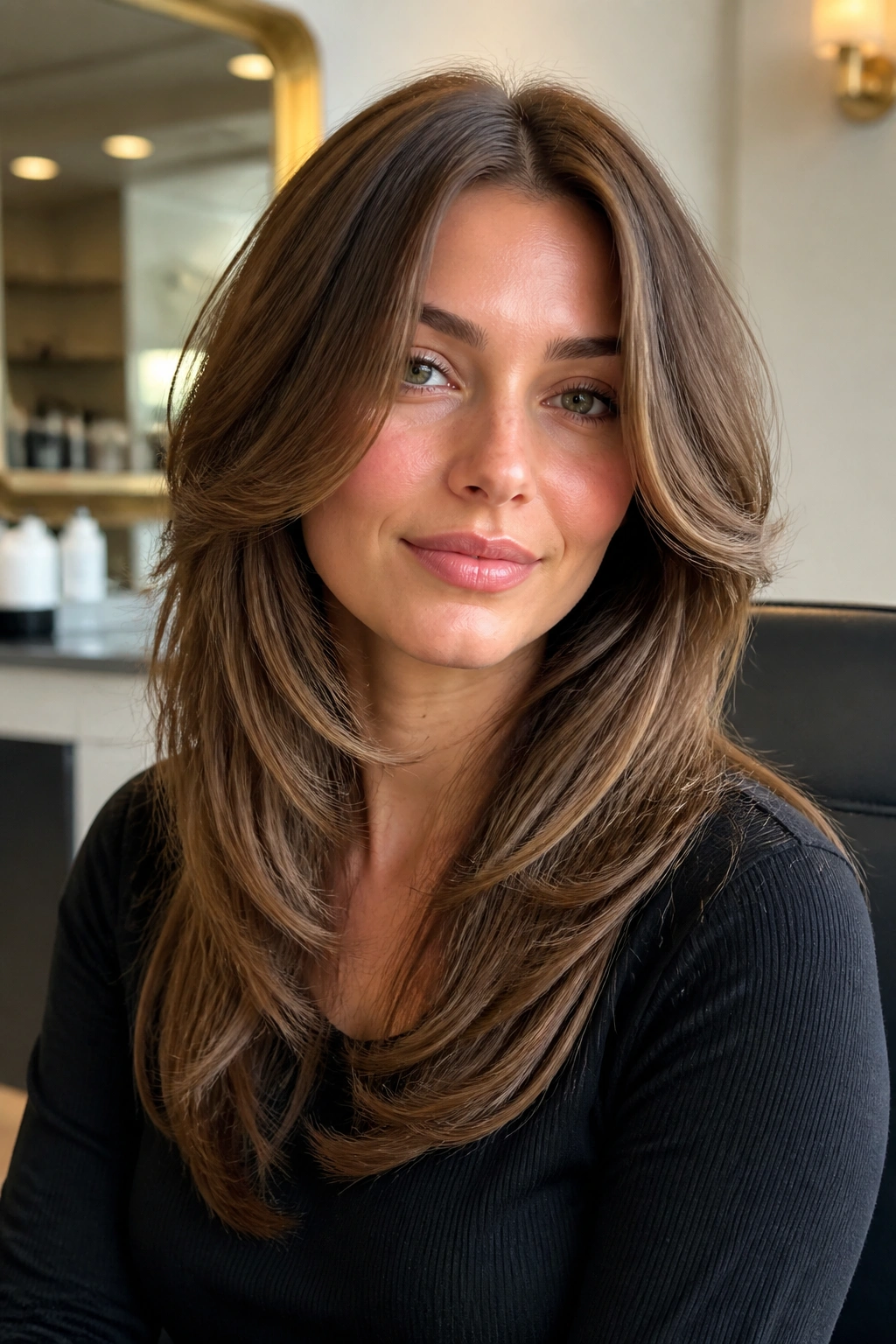Portrait of a real woman with center-part blowout layers in a salon setting