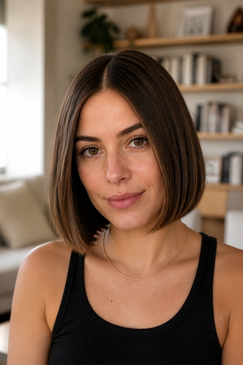 Portrait of a woman with a center-part bob and symmetrical lines.