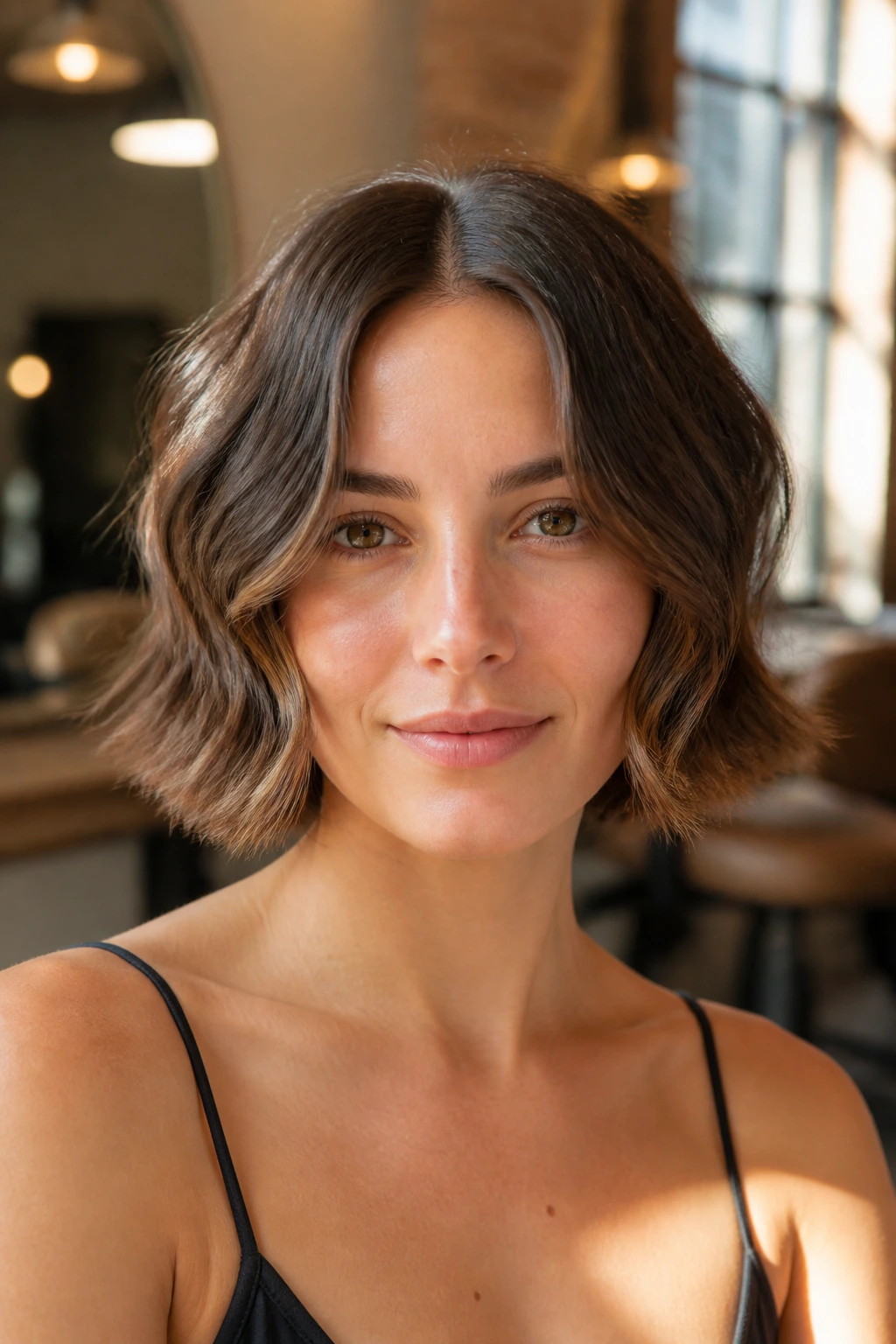 Close-up of a real woman with a center-parted wavy bob and balanced layers