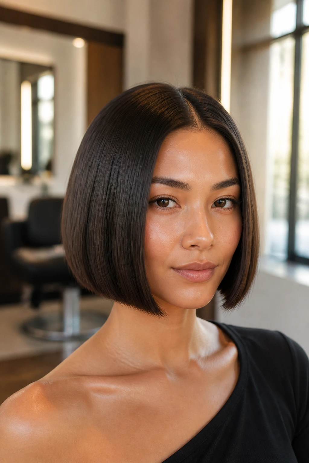 Close-up of a real woman with a sleek center-part chin-length bob and glossy straight hair.
