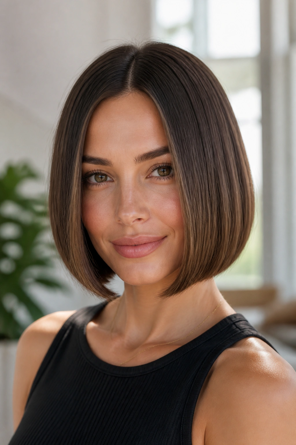 Close-up of a real woman with a center-part bob and clean lines.