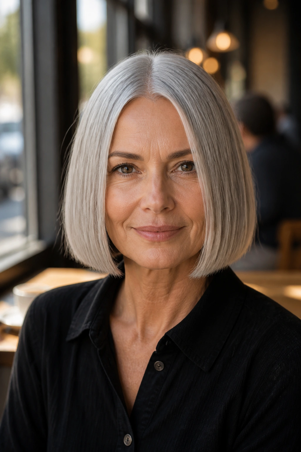 Close-up of a real woman with a sleek center-part bob, glossy gray hair in a sunlit cafe