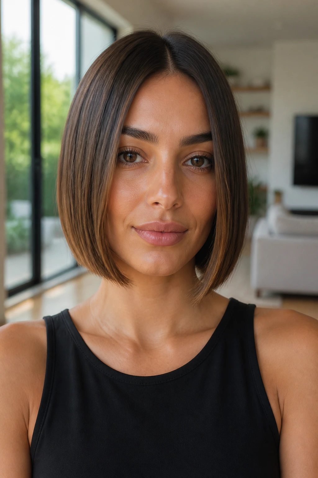 Close-up real woman with Center-Part Bob and blunt edge