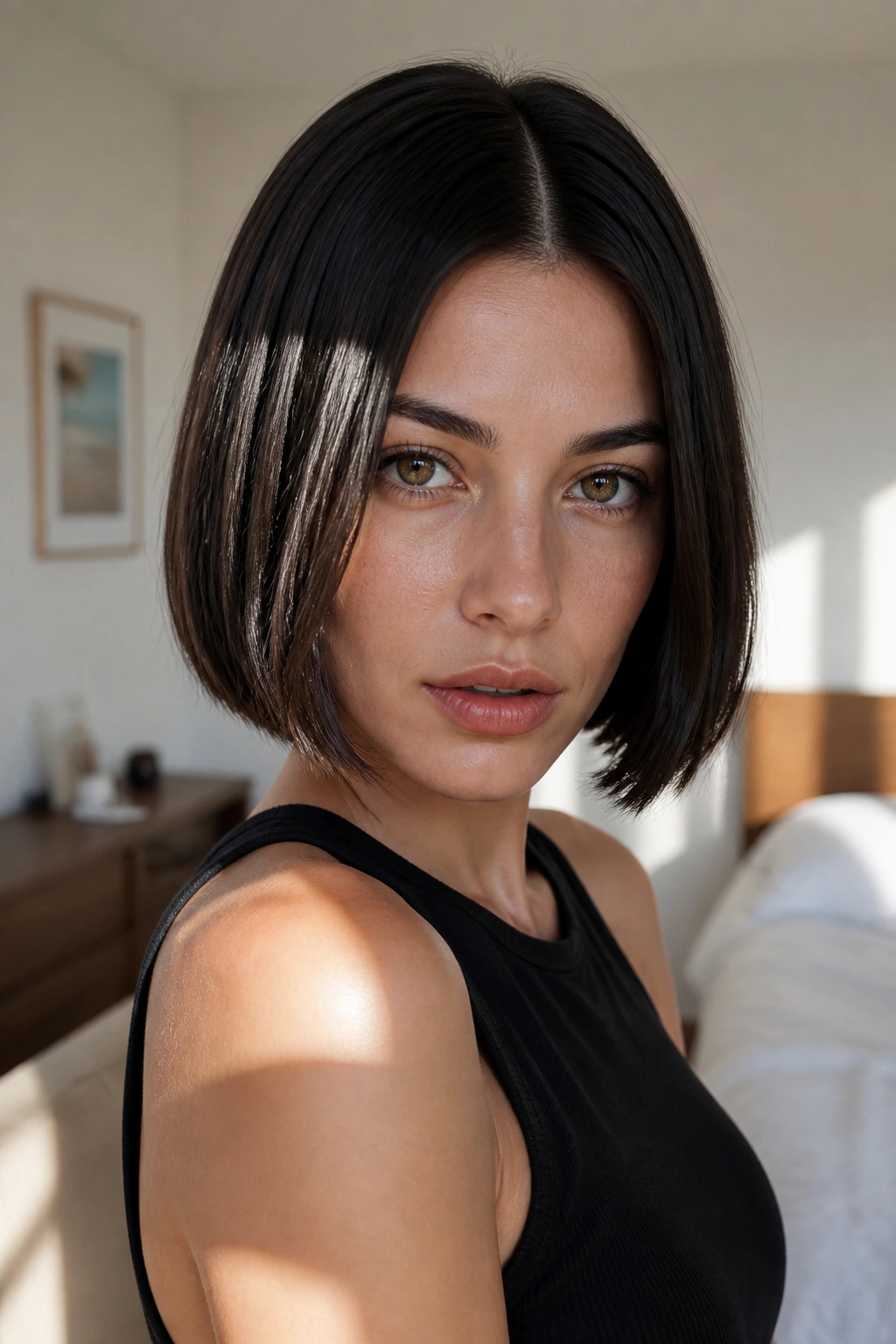 Close-up of a woman with center-part bob in soft natural light
