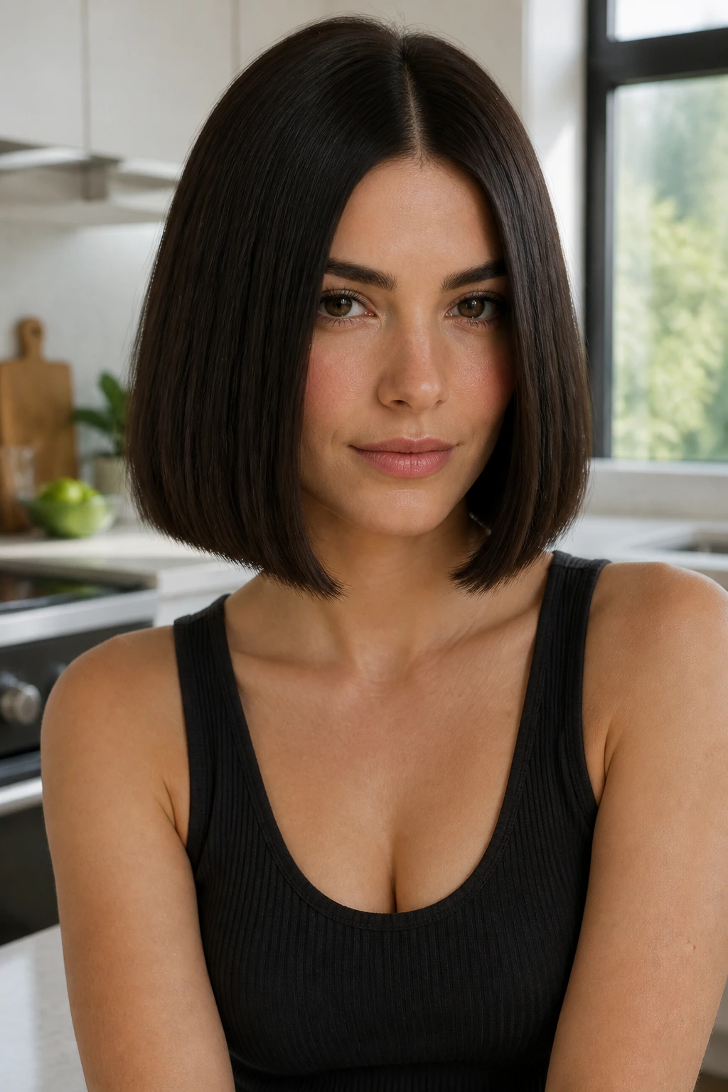 Close-up portrait of a real woman with a center-parted sleek thick bob and blunt ends