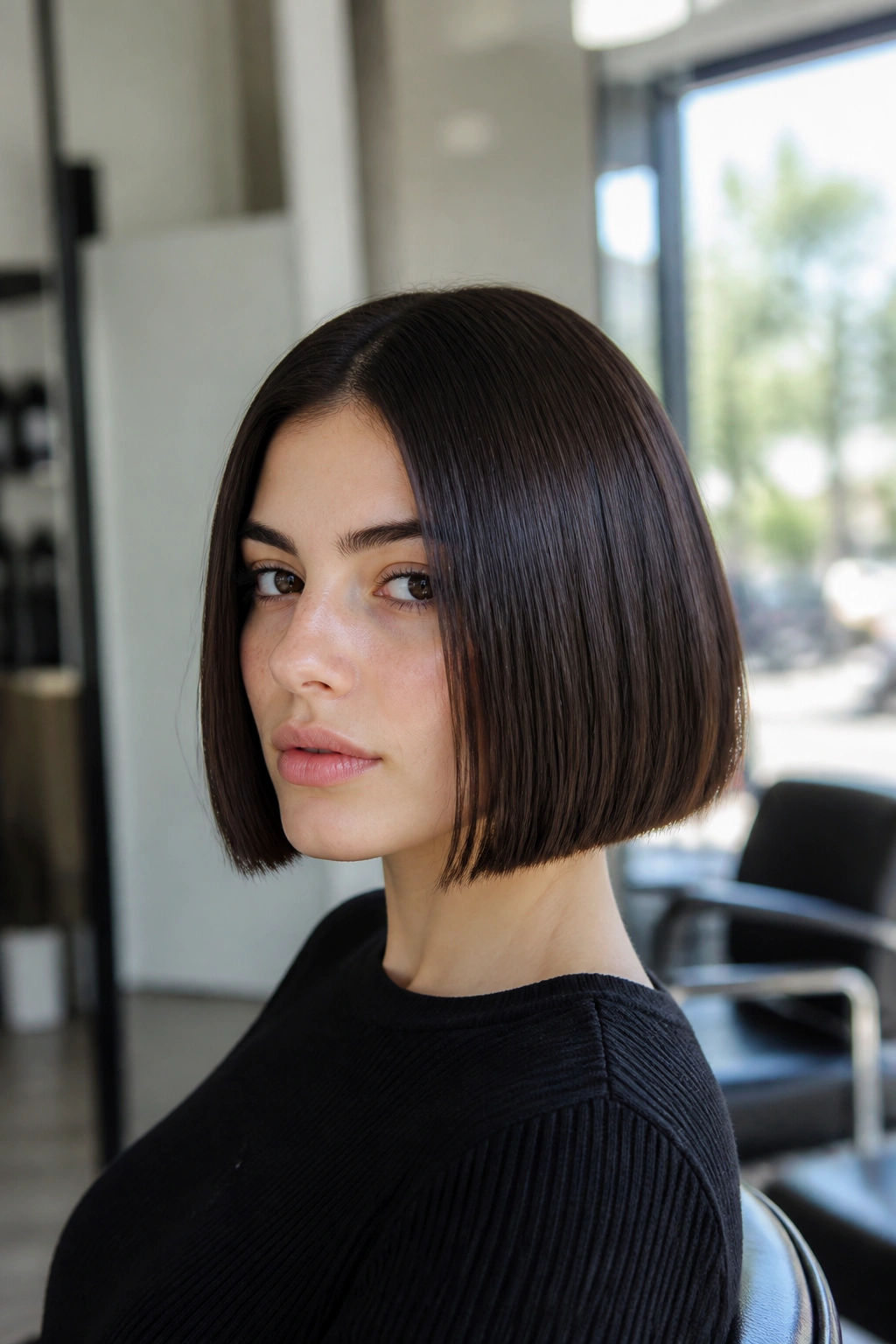 Close-up portrait of a real woman with a sleek center-part bob and blunt ends in a salon setting