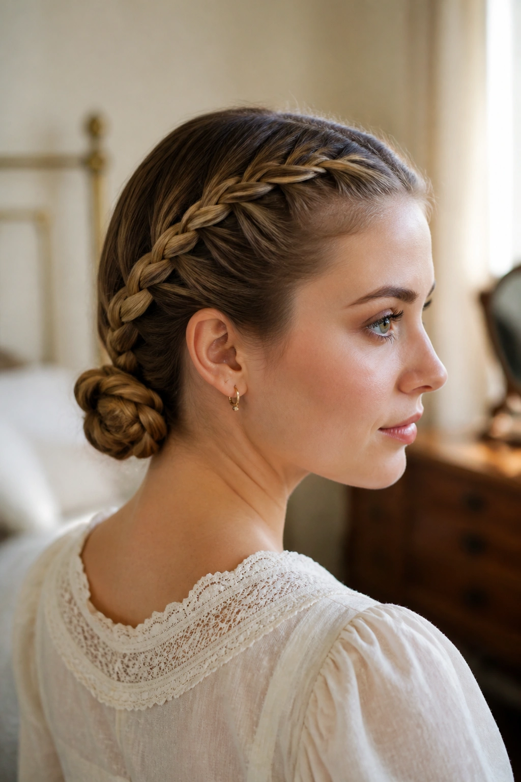 Close-up of a real woman with center-part twin braids forming a low knot at the nape, under natural window light.