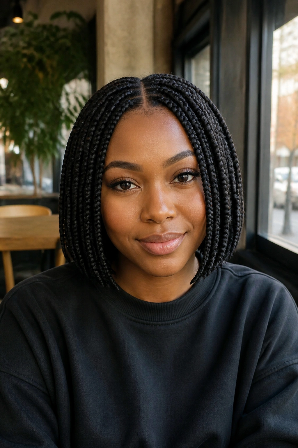 Close-up of center-part bob braids on a real person in cafe window light