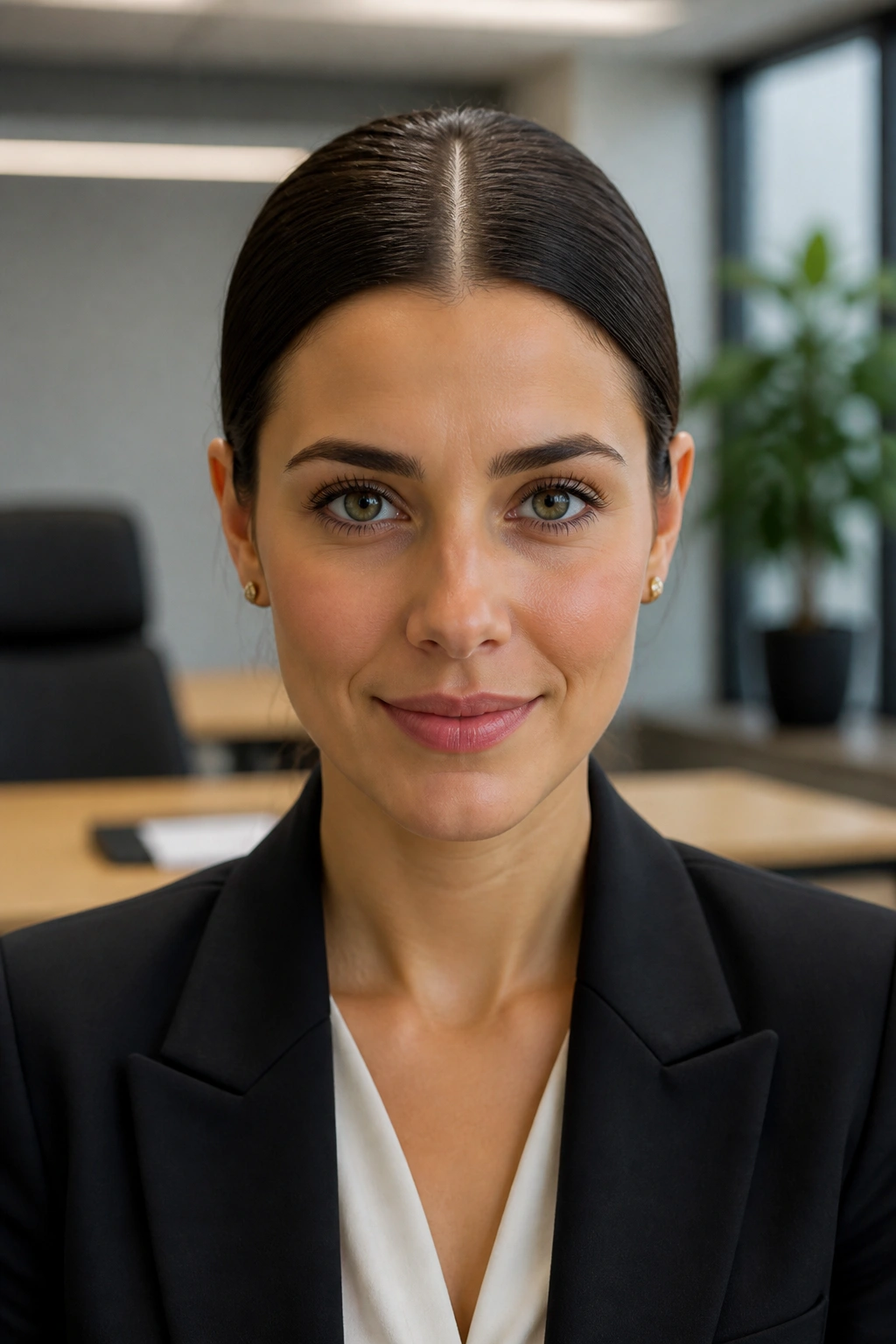 Close-up of a woman with a center-part bun in an office