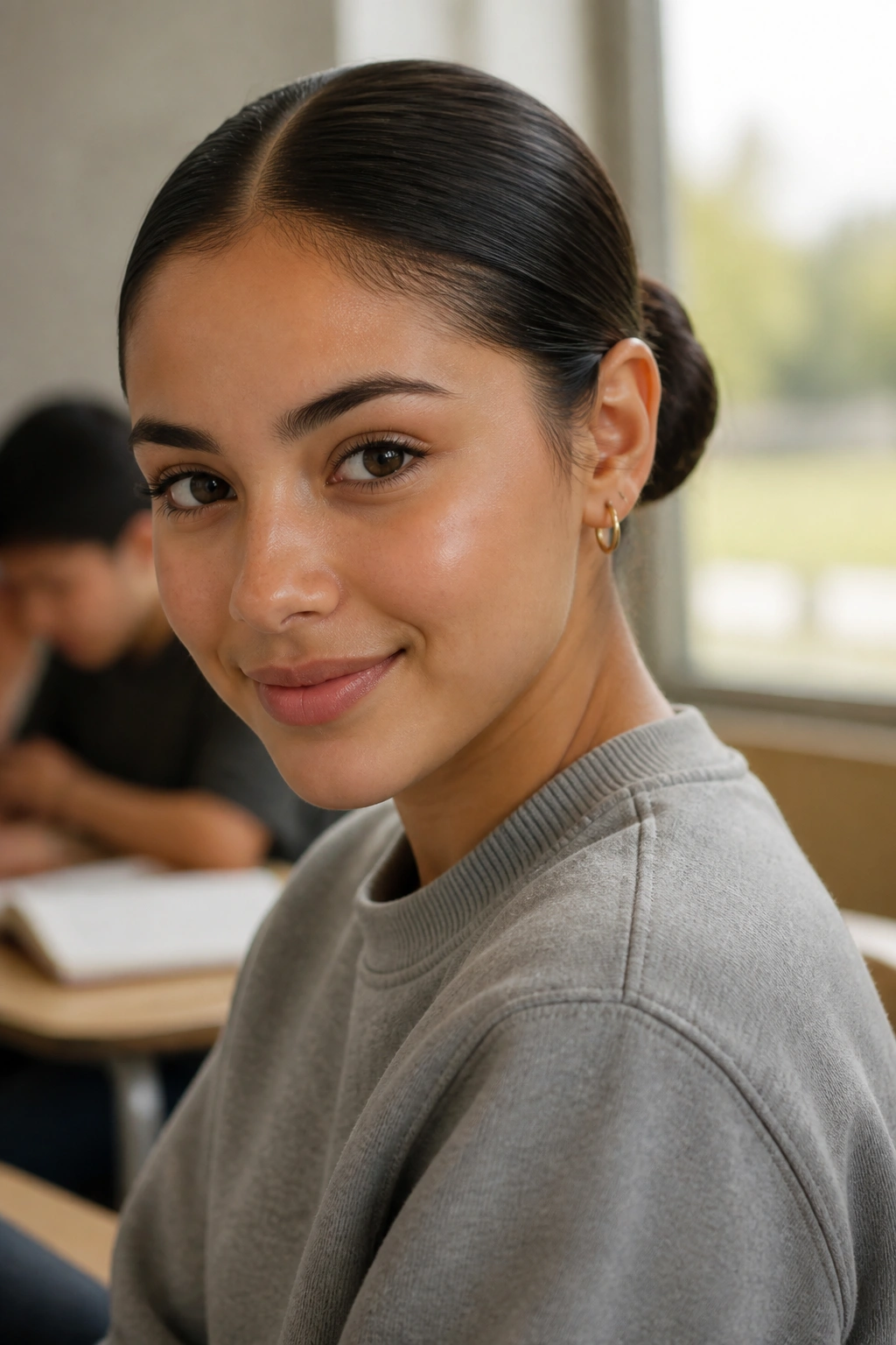 Real person with sleek center-part bun in a classroom setting