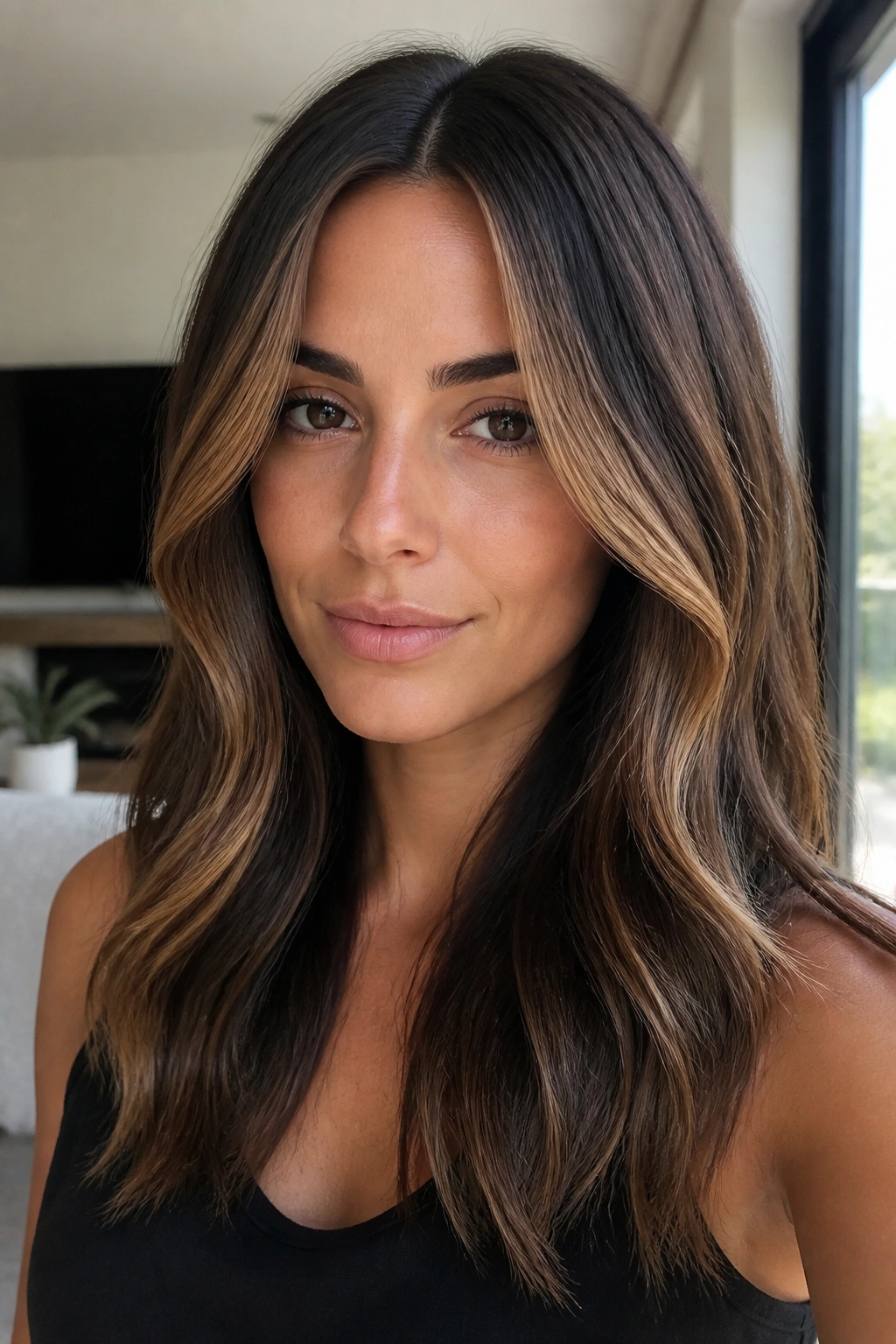 Close-up of center-parted brunette with face-framing caramel around the cheeks.