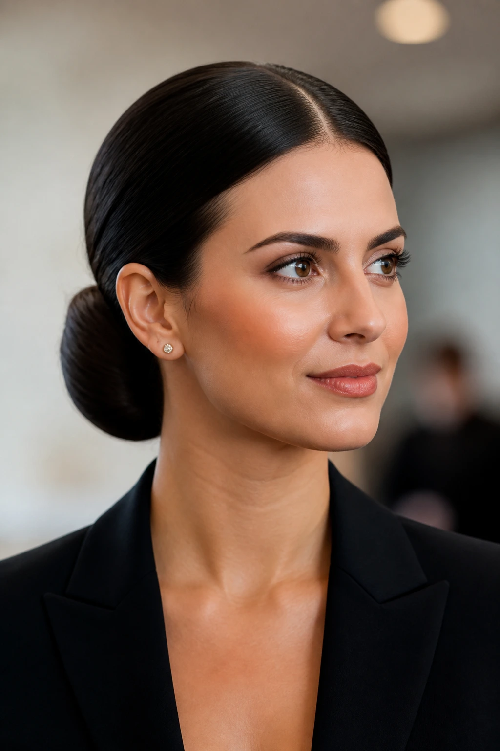 Close-up portrait of a real woman with a center-part and a low chignon suitable for formal events