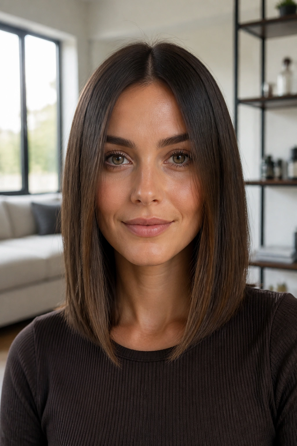 Close-up of a real person with center-part clavicut framing the face
