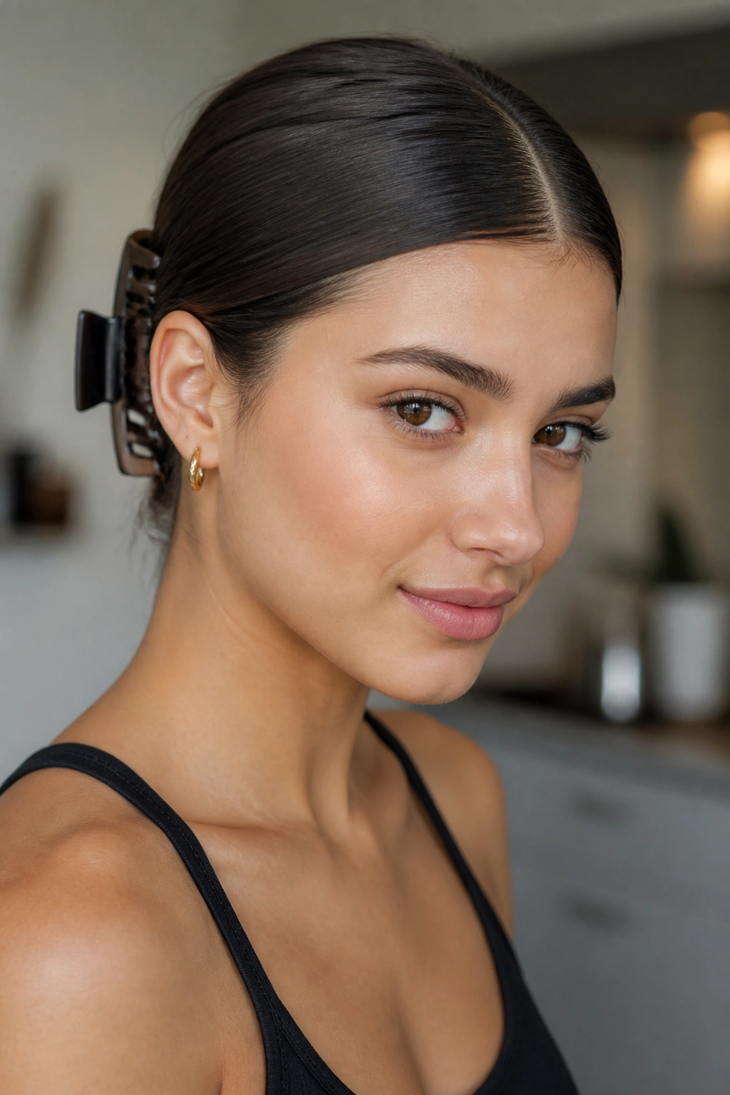 Close-up of a real person with a center-part and large back clip