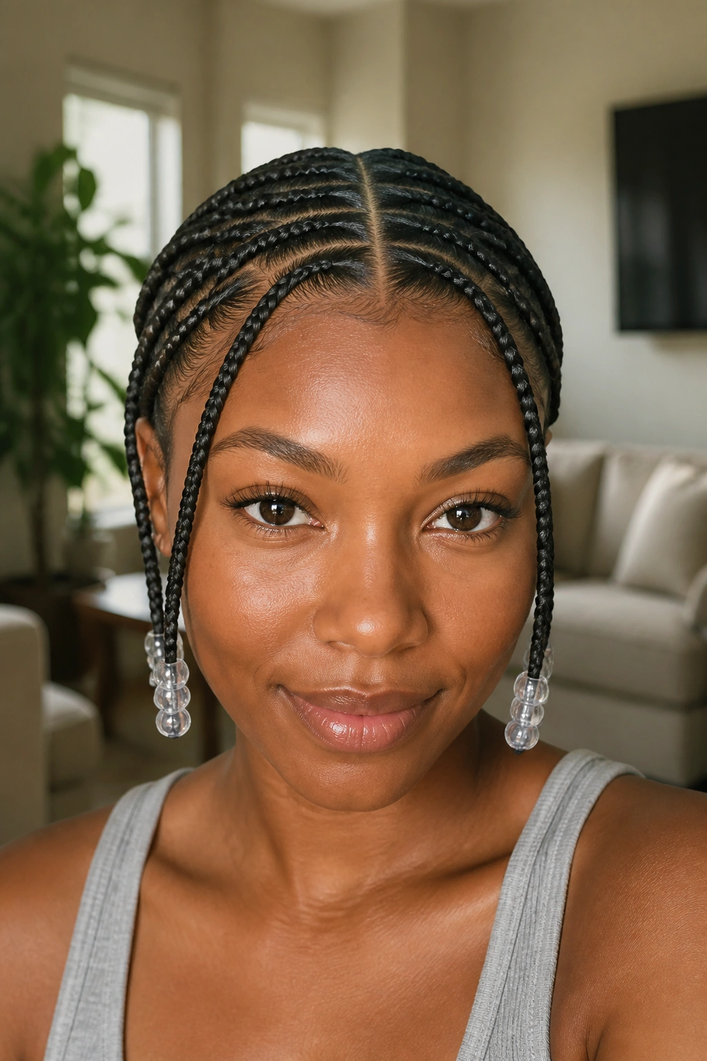 Close-up of center-part cornrows framing the face on a real woman