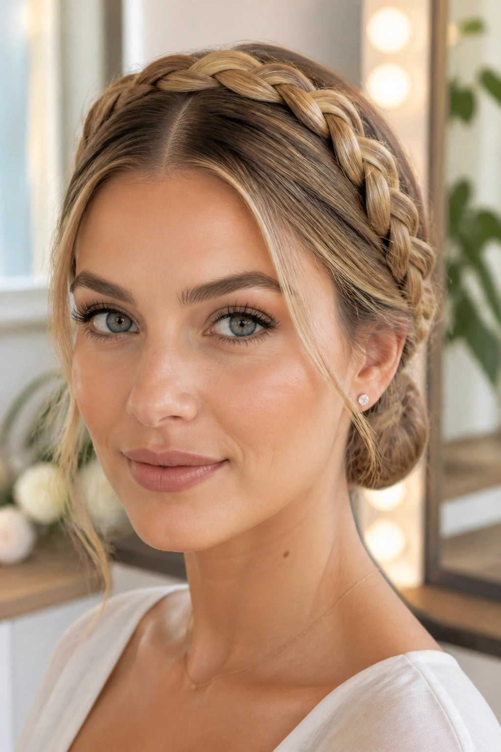 Portrait of a woman with a sleek center-part crown braid and low knot