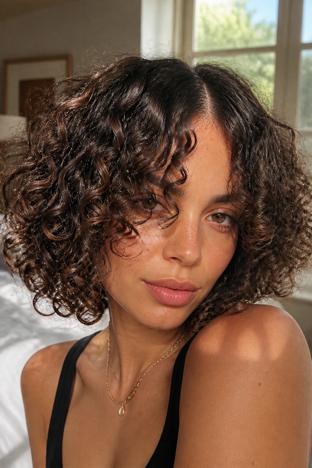Close-up of a real woman with a center-part curly bob and long bangs in sunlit bedroom