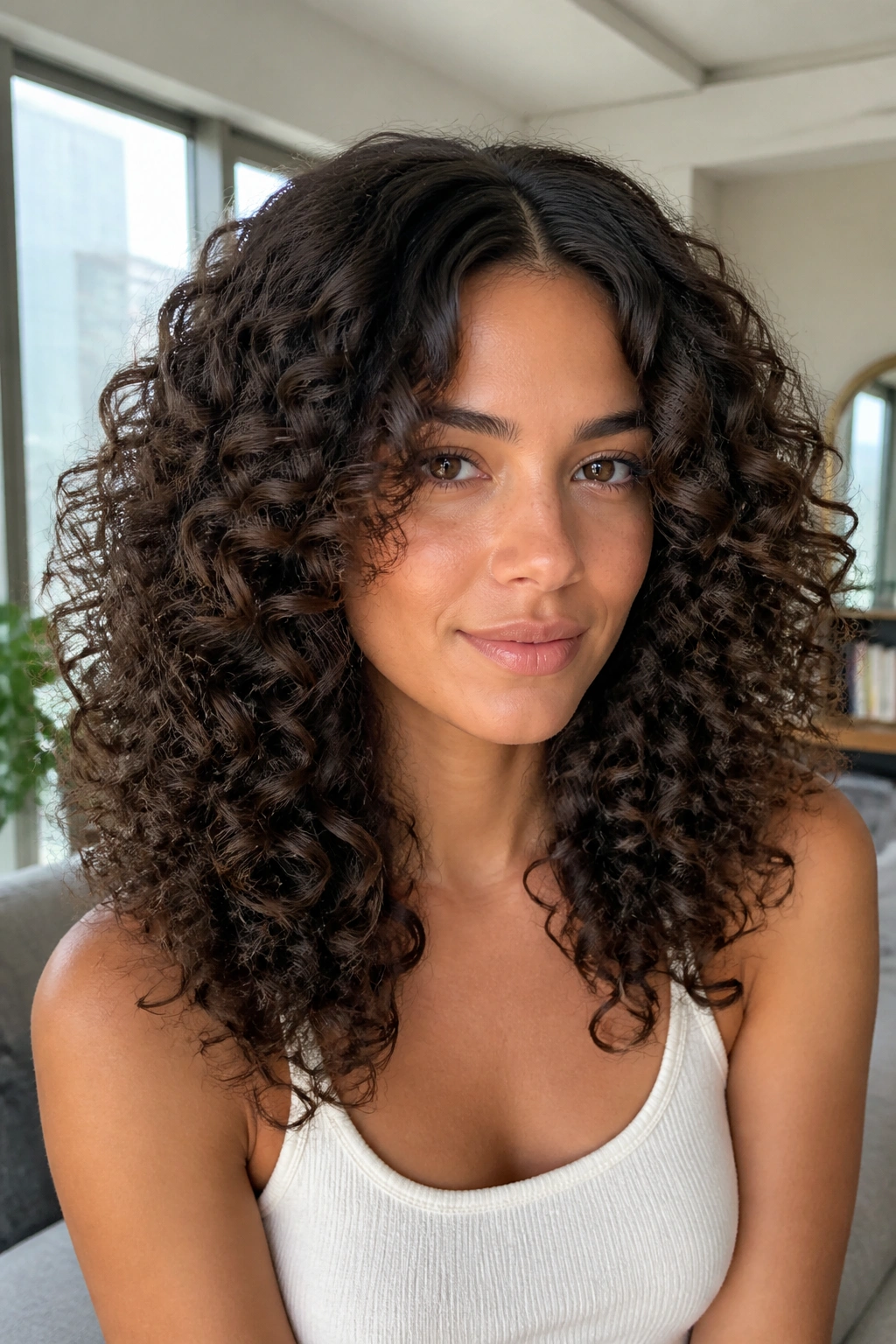 Center-parted thick curly hair with symmetrical layers framing the face