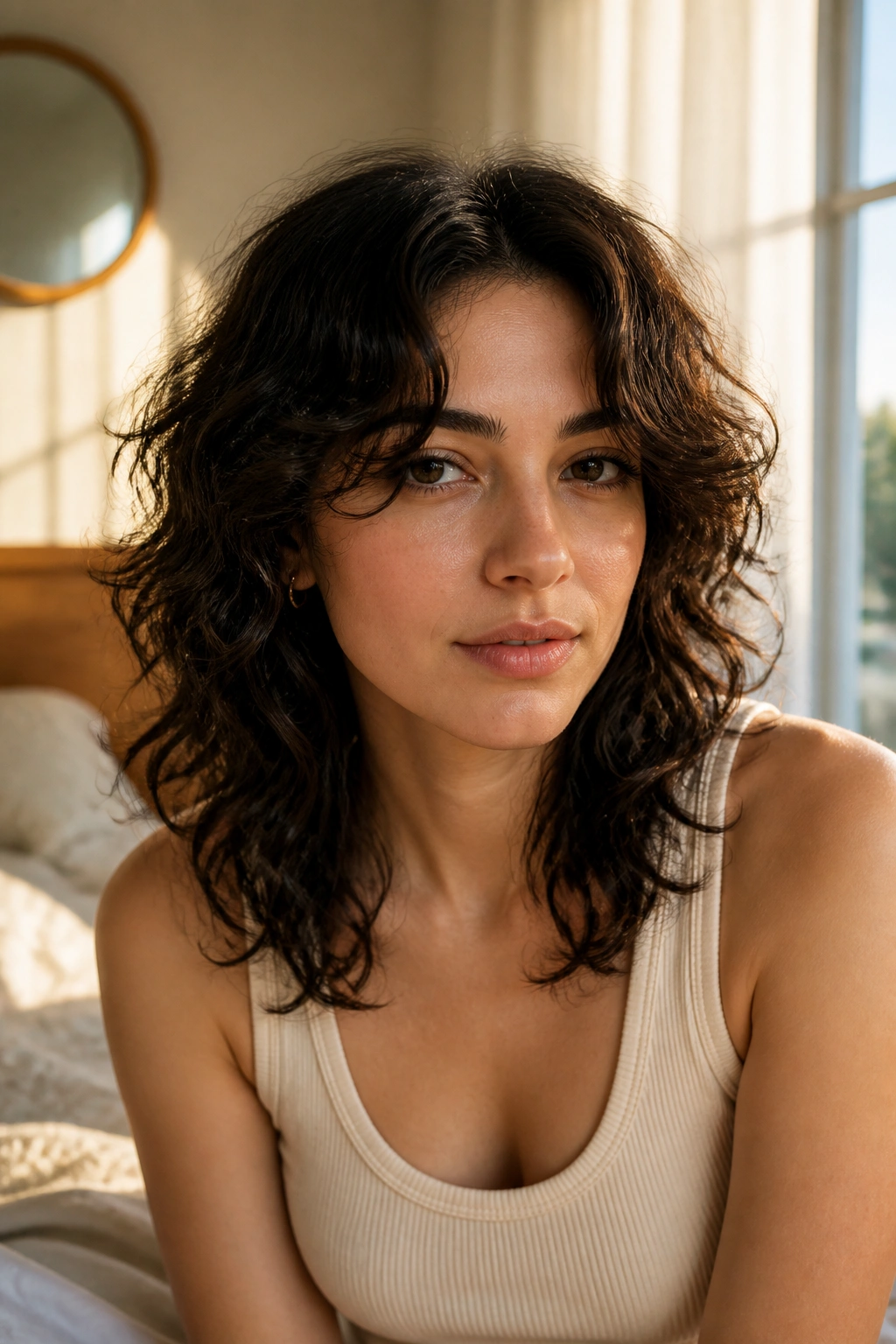 Close-up of a real person with a center-part curly wolf cut showing balanced curls.