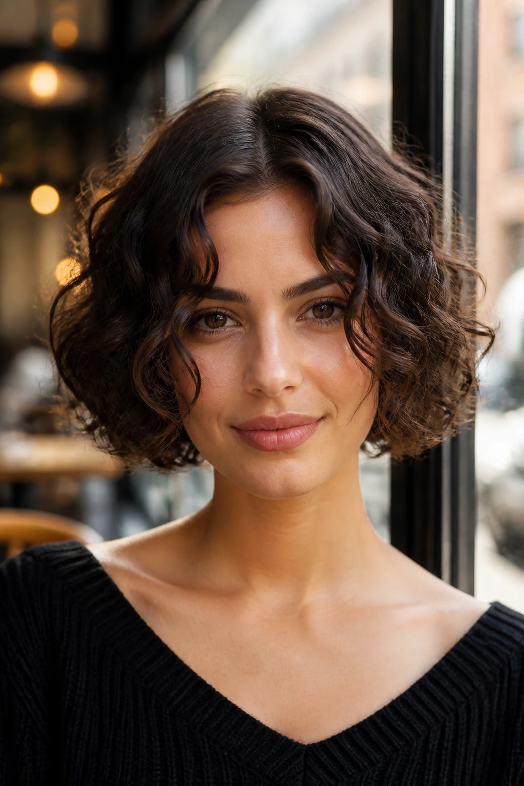 Center-parted curly bob on a real person