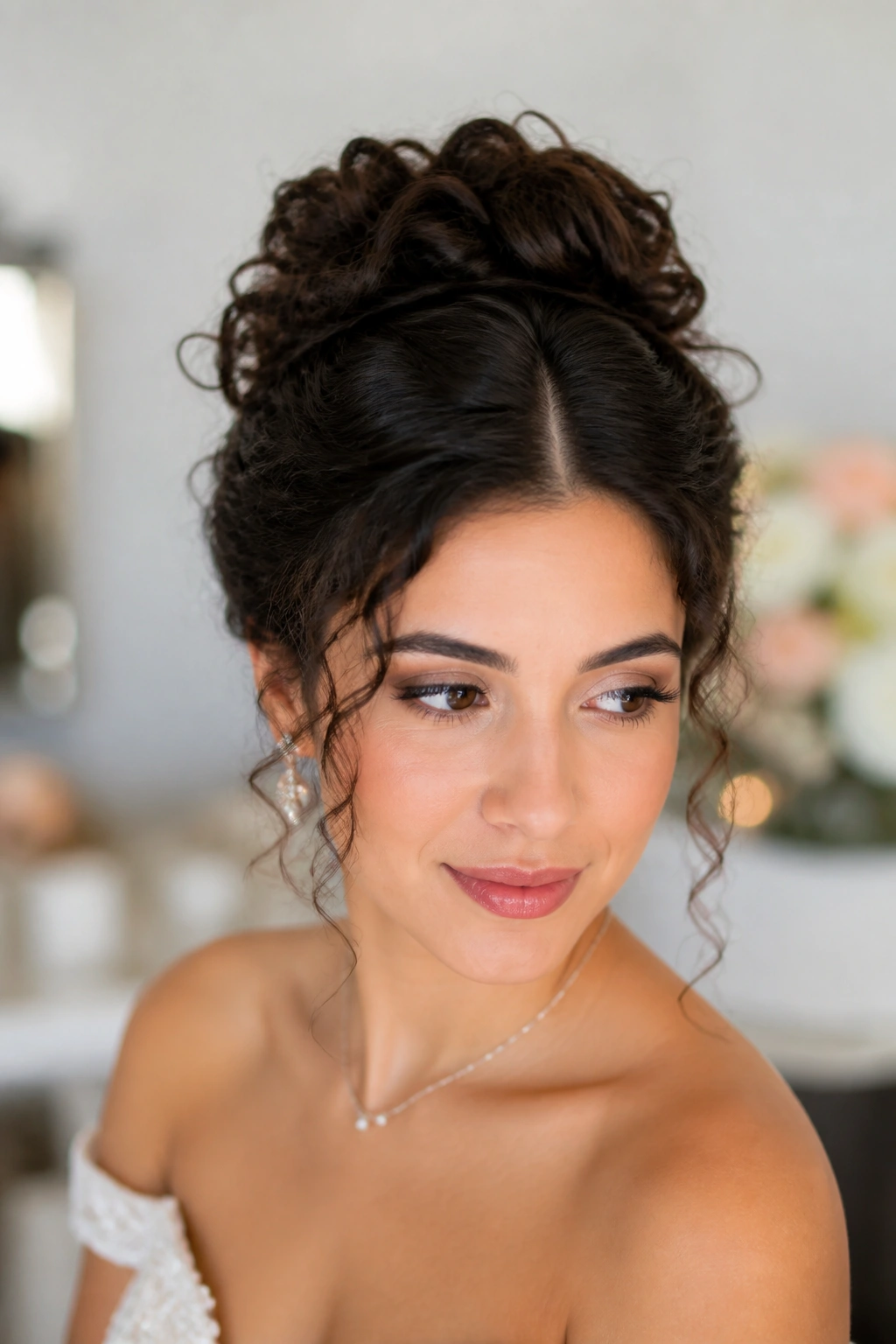 Close-up of a real bride with a centered curly bun and crisp center part in a softly lit bridal room