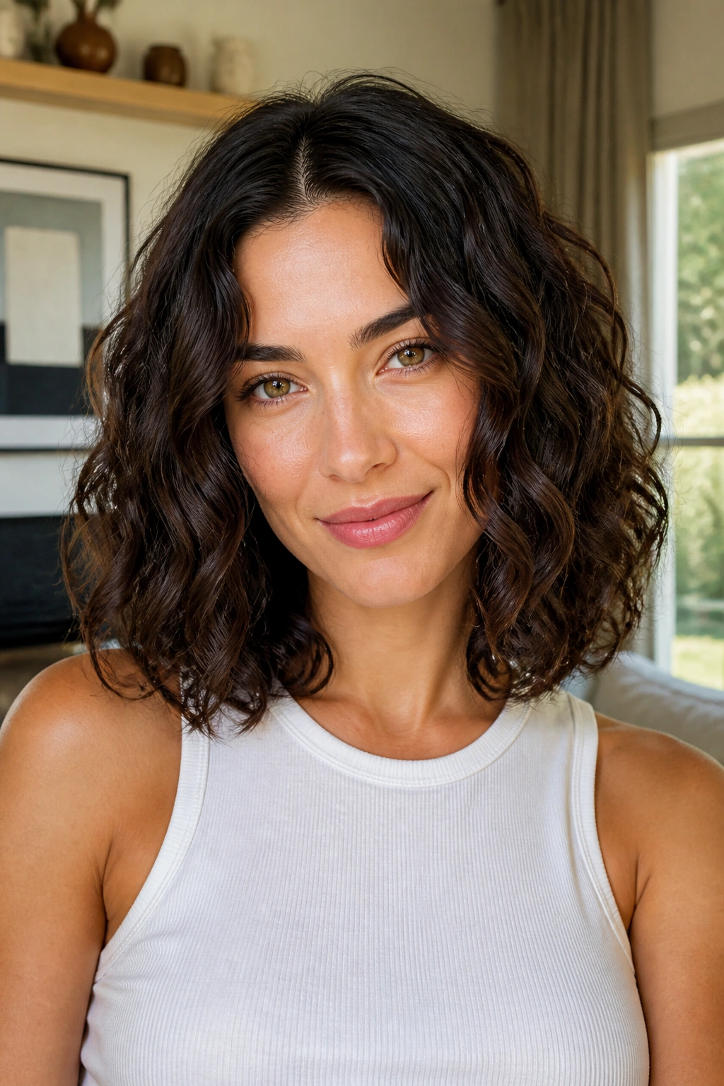 Real woman with center-parted curly lob in bright living room light