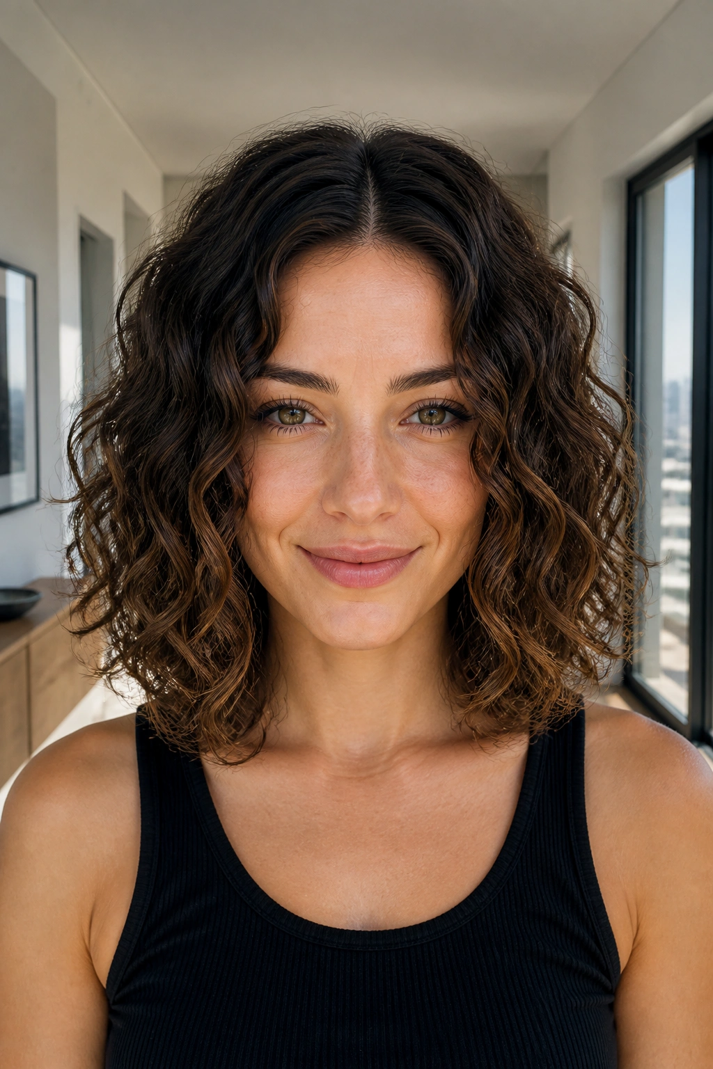 Close-up of real woman with center-part curly lob framing the face