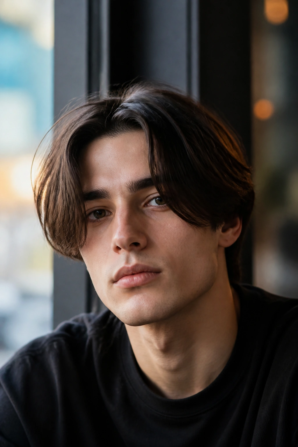 Man with center-part curtain hairstyle in soft natural cafe light