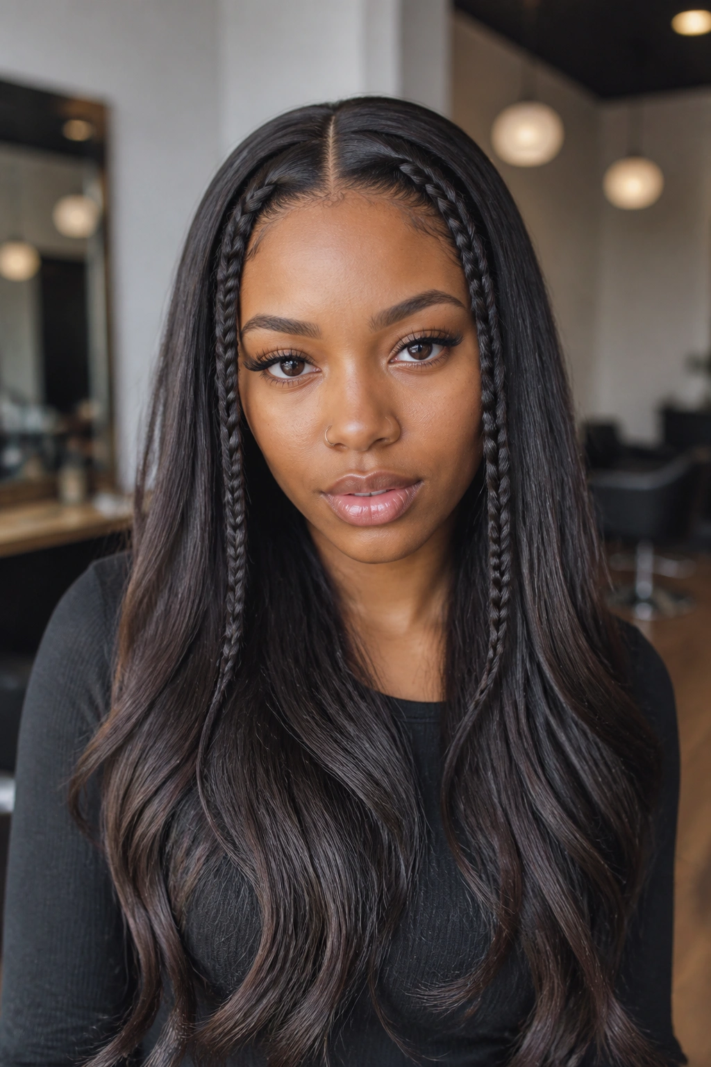 Real woman with two slim front braids framing a center part in a salon setting