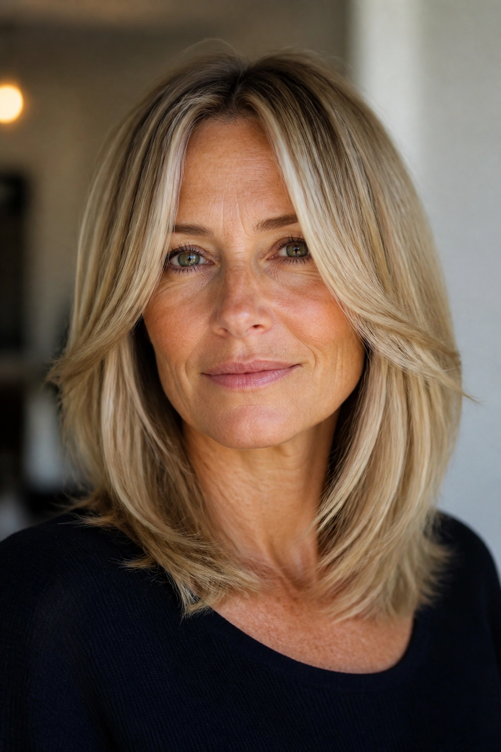 Close-up portrait of a real woman with center-part and face-framing layers