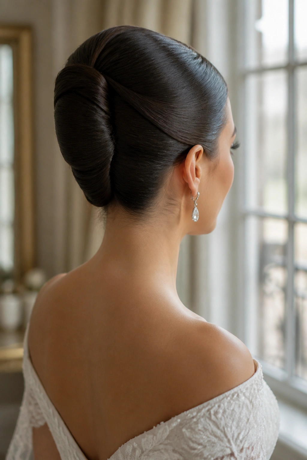 Close-up portrait of a real woman with a center-part French twist from the back