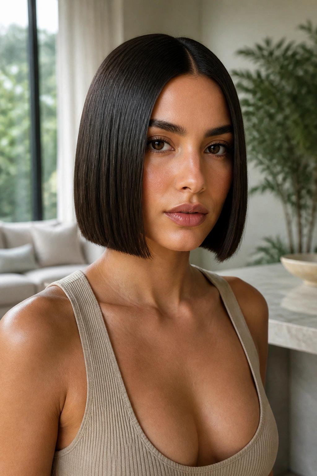 Close-up portrait of a real woman with a centered glass bob, blunt ends, glossy straight hair.