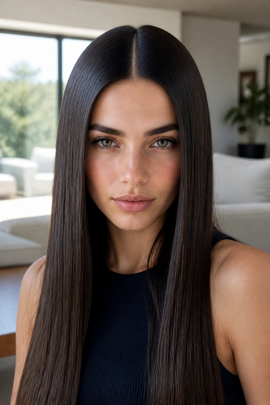 Close-up portrait of a person with a centered glassy hair part in natural daylight
