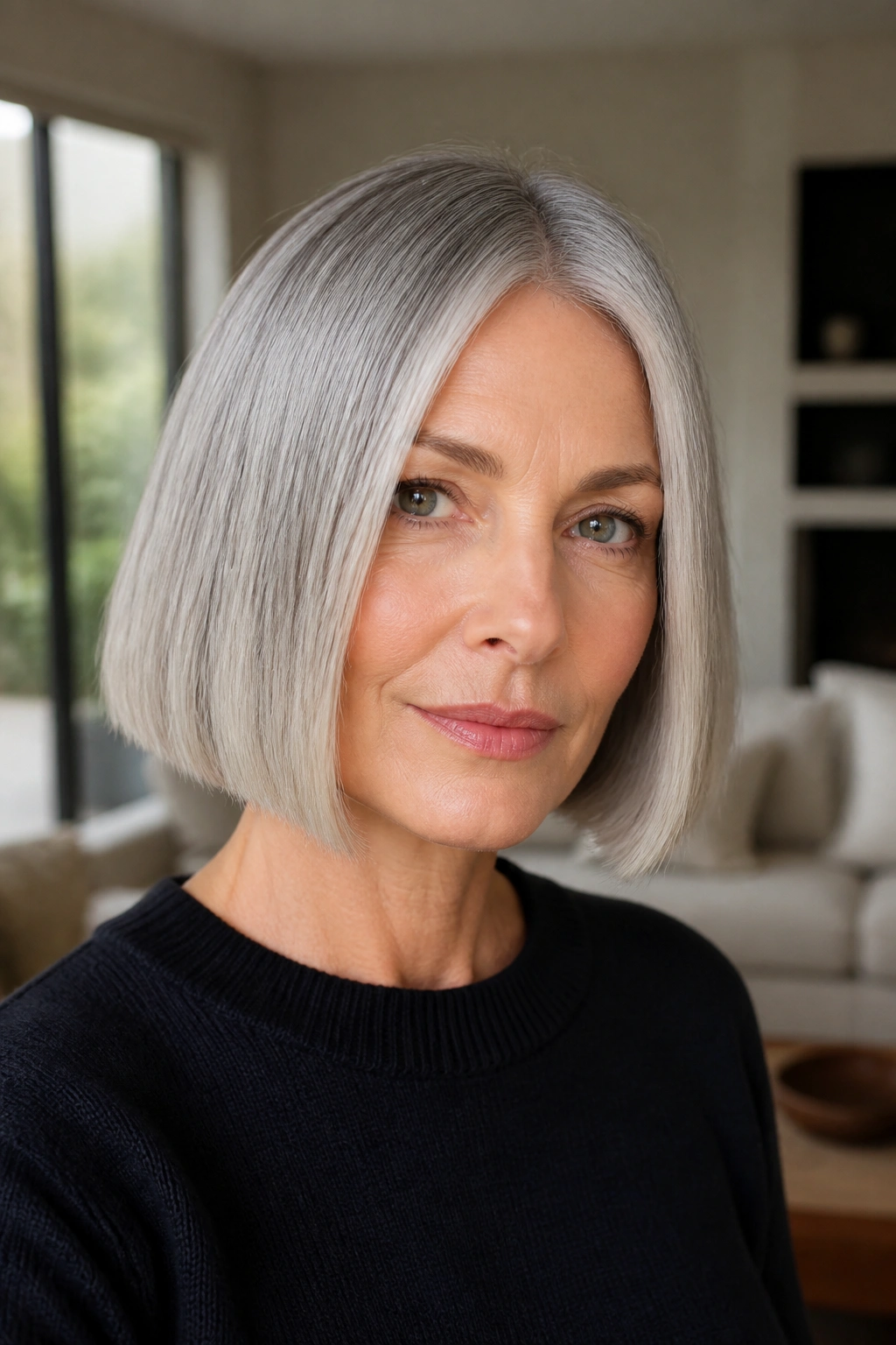 Portrait of a real woman with a sleek center-part bob in straight gray hair.